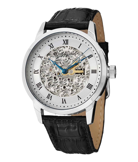 Magnifique 585 Automatic 42mm Skeleton - Silver Dial / Silver Case / Black Leather Strap Tang Buckle
