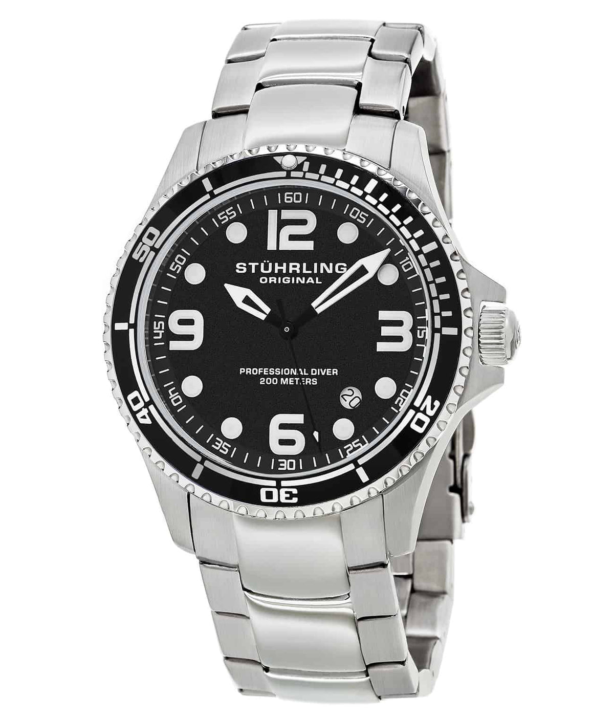Grand Regatta 593 Quartz 45mm Diver - Black Dial / Silver Case / Silver Stainless Steel Bracelet Deployant Buckle