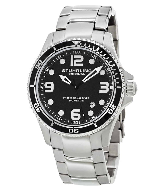 Grand Regatta 593 Quartz 45mm Diver - Black Dial / Silver Case / Silver Stainless Steel Bracelet Deployant Buckle