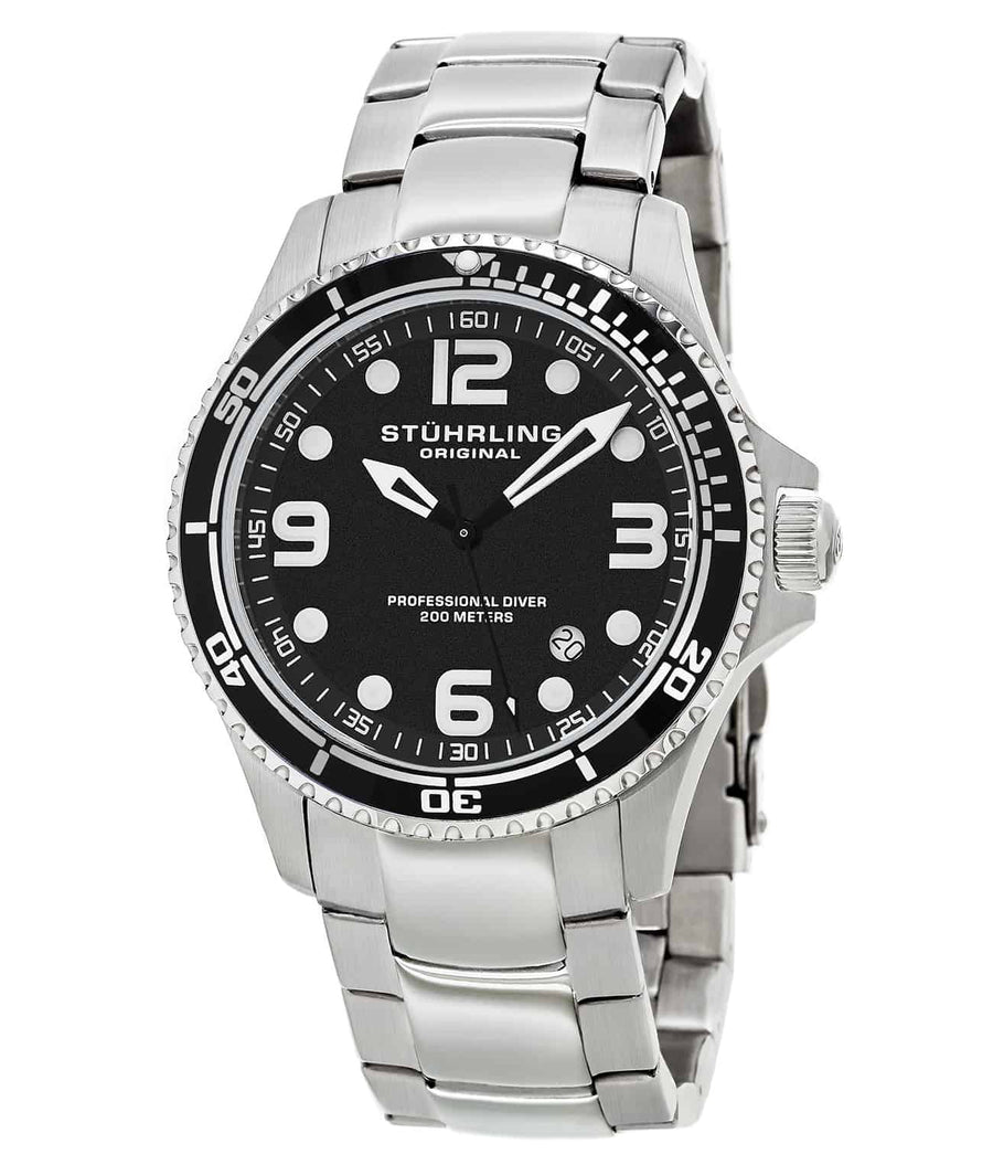 Grand Regatta 593 Quartz 45mm Diver - Black Dial / Silver Case / Silver Stainless Steel Bracelet Deployant Buckle