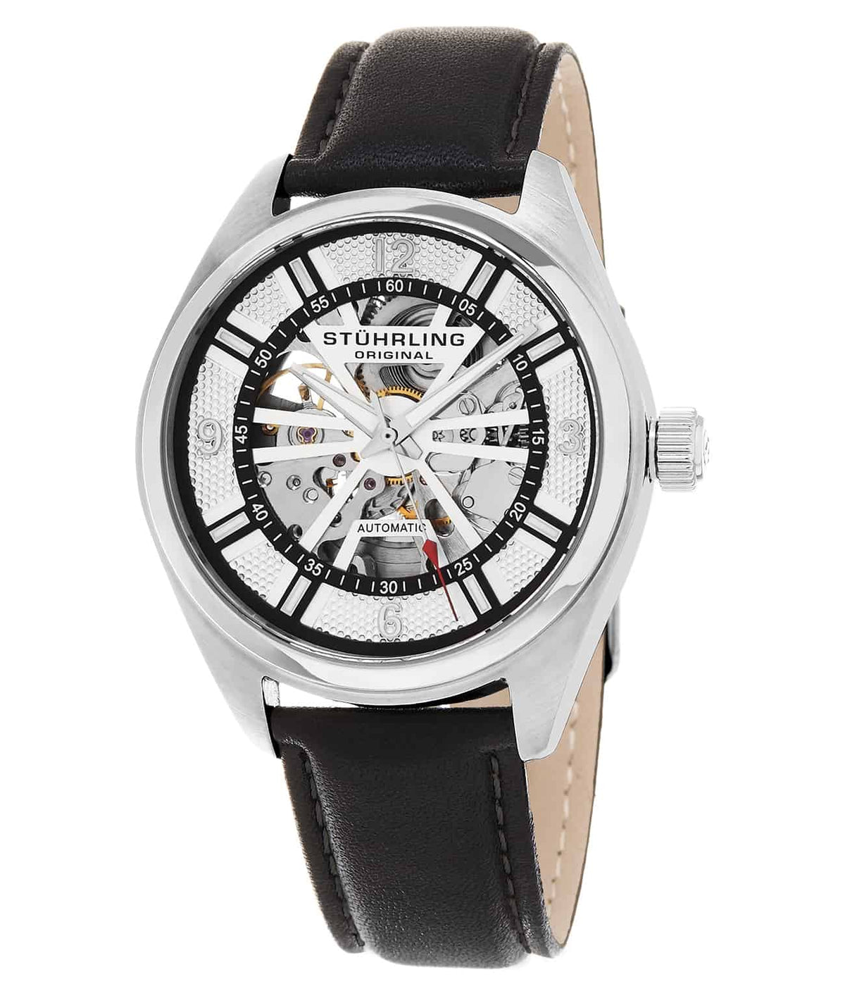 Stührling Turbine 598 Automatic 42mm Skeleton - Silver Dial / Silver Case / Black Leather Strap Tang Buckle