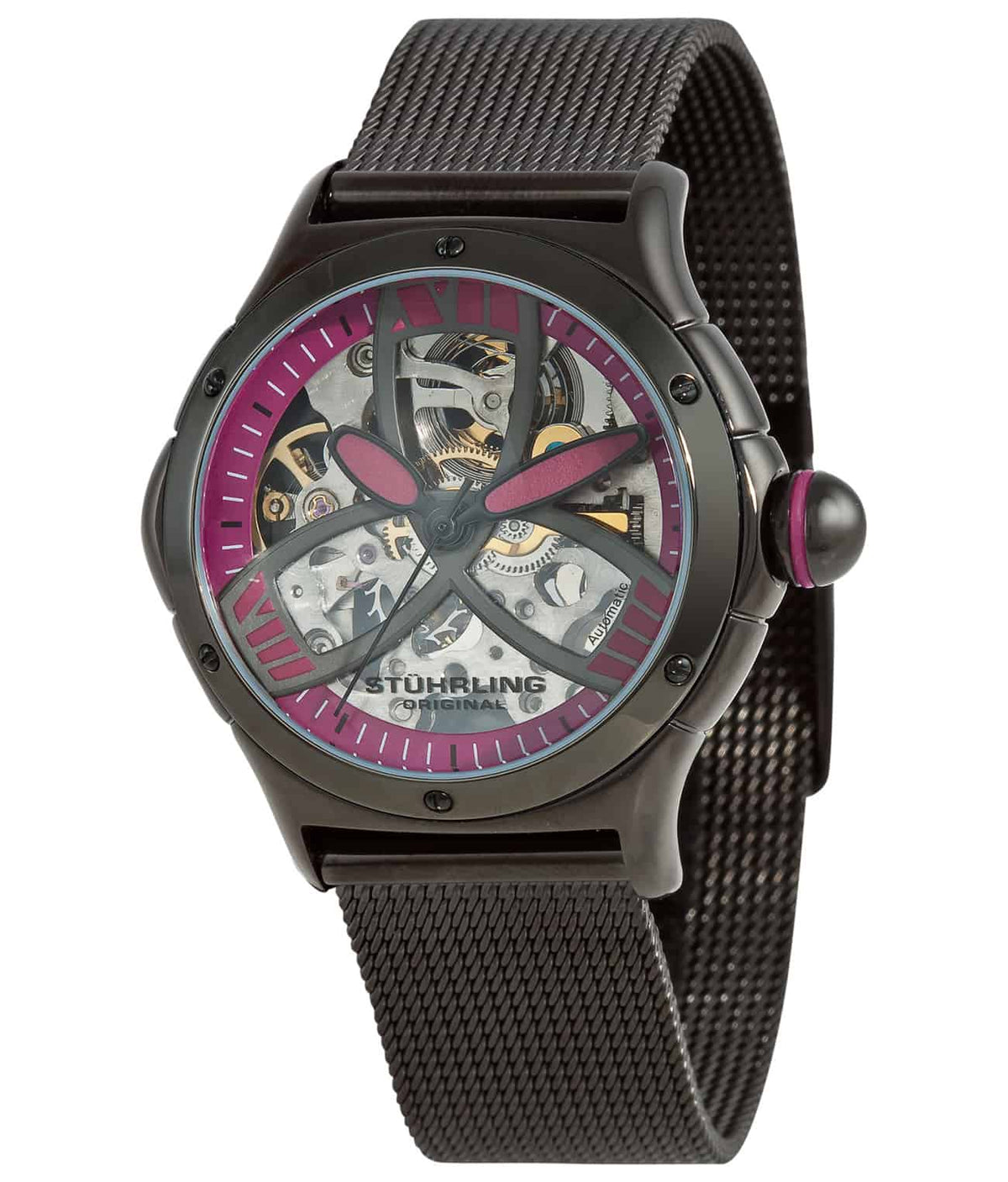 Stührling Lady Alpine Slalom 5AT Automatic 37mm Chronograph - Purple Dial / Black PVD Case / Black PVD Stainless Steel Bracelet Tang Buckle