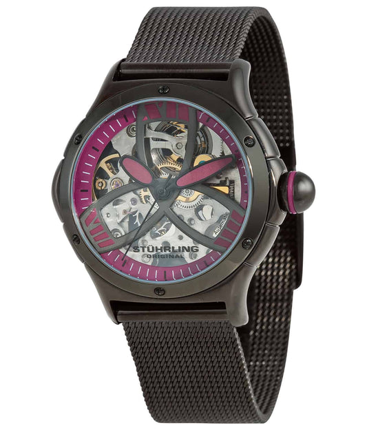 Stührling Lady Alpine Slalom 5AT Automatic 37mm Chronograph - Purple Dial / Black PVD Case / Black PVD Stainless Steel Bracelet Tang Buckle