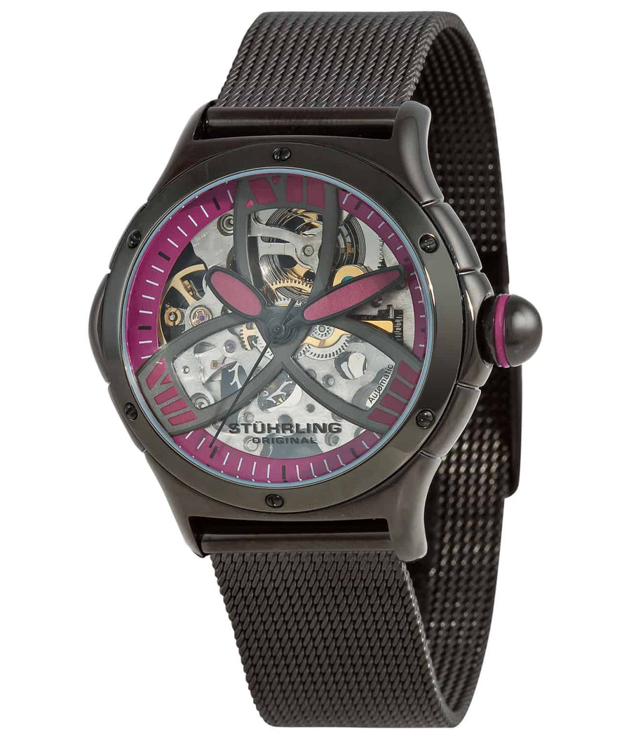 Stührling Lady Alpine Slalom 5AT Automatic 37mm Chronograph - Purple Dial / Black PVD Case / Black PVD Stainless Steel Bracelet Tang Buckle