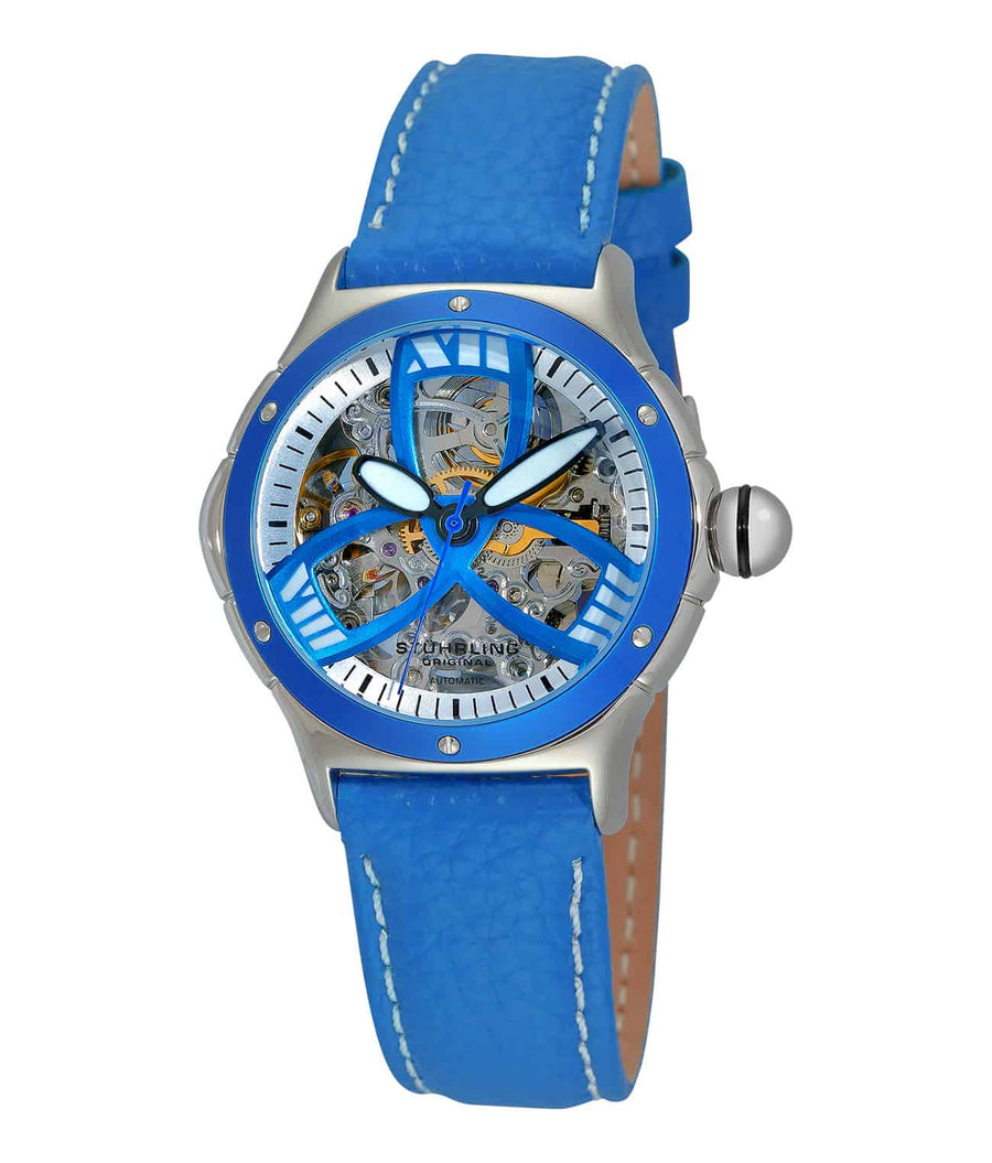Classic Alpine Girl 5AT2 Automatic 37mm Chronograph - Silver Dial / Silver Case / Blue Leather Strap Tang Buckle