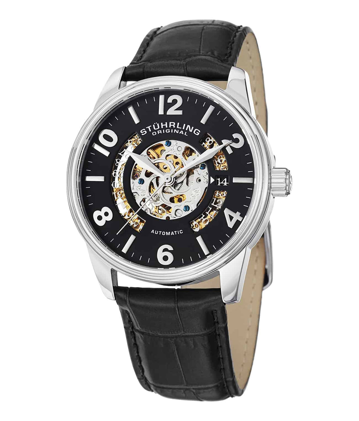 Stührling Legacy 649 Automatic 42mm Skeleton - Black Dial / Silver Case / Black Leather Strap Tang Buckle