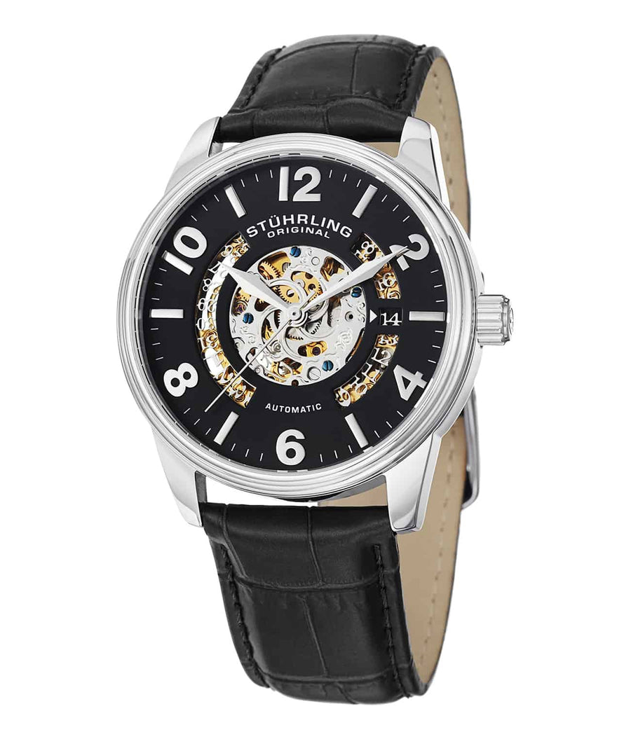 Stührling Legacy 649 Automatic 42mm Skeleton - Black Dial / Silver Case / Black Leather Strap Tang Buckle