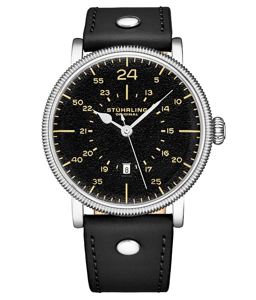 Stührling Zeppelin 656 Quartz 42mm Aviator - Black Dial / Silver Case / Black Leather Strap Tang Buckle