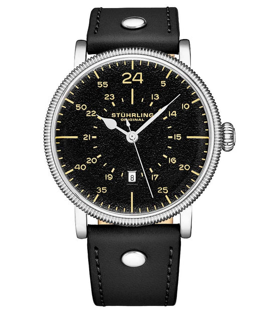 Stührling Zeppelin 656 Quartz 42mm Aviator - Black Dial / Silver Case / Black Leather Strap Tang Buckle