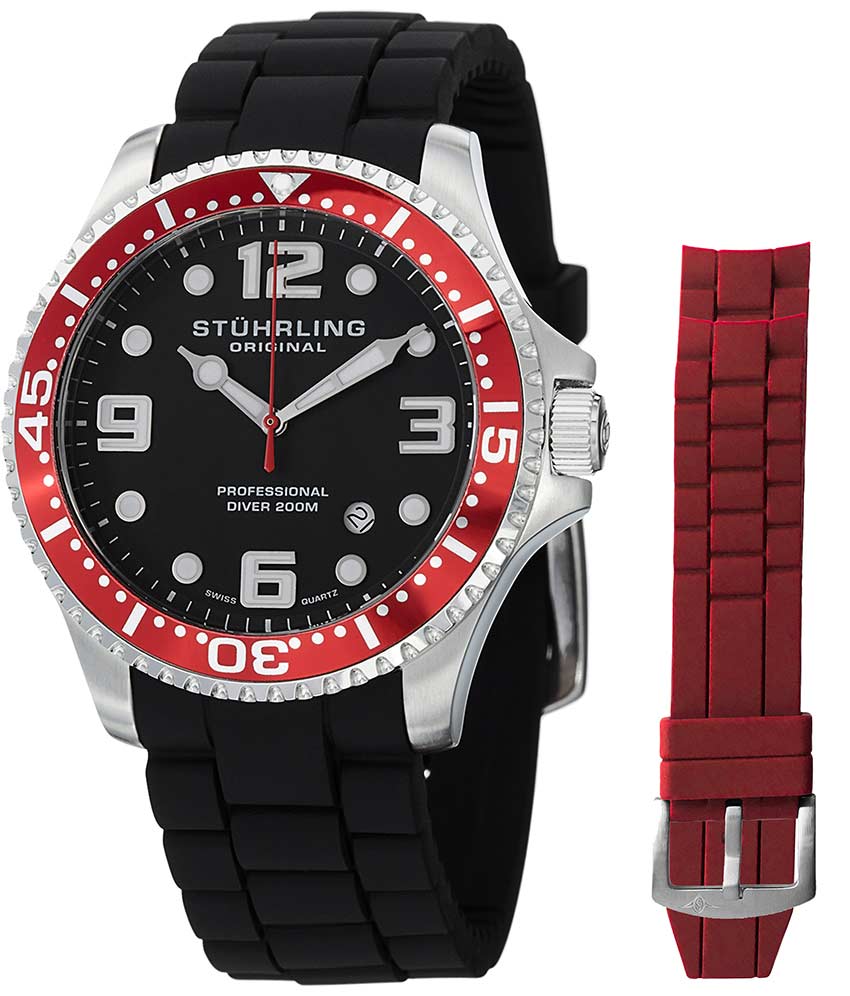 Aquadiver 675 Quartz 44mm Diver - Black Dial / Silver Case / Black Silicone Interchangeable Strap Tang Buckle 2