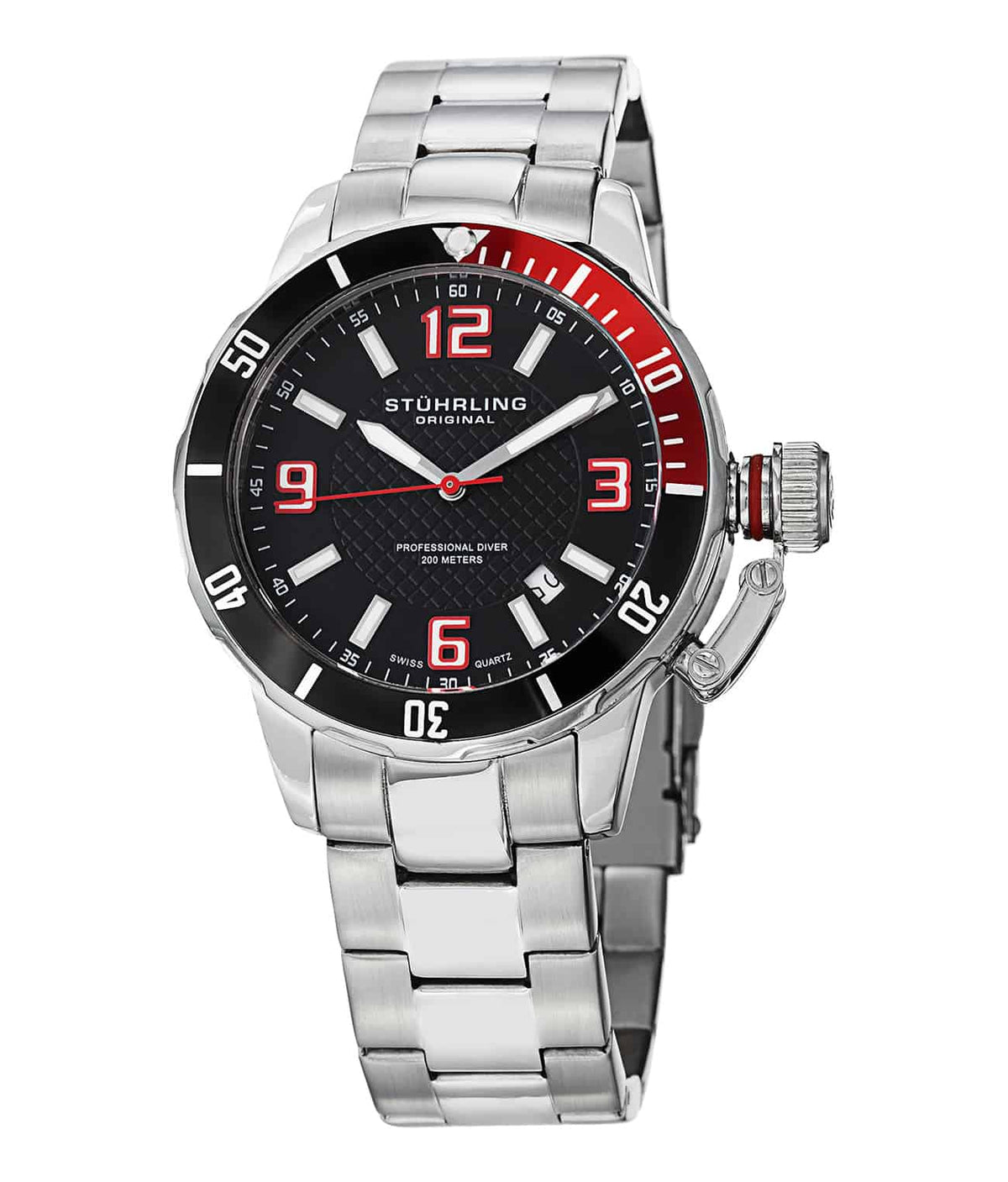 676 Quartz 42mm Diver - Black PVD Dial / Silver Case / Silver Stainless Steel Interchangeable Bracelet Deployant Buckle