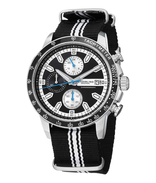 678 Quartz 44mm Chronograph - Black Dial / Silver Case / Black Canvas Strap Tang Buckle
