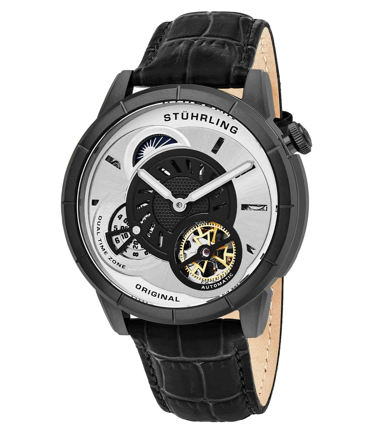 Stührling Tesla 686 Automatic 45mm Skeleton - Black Dial / Gun Metal Grey Case / Black Leather Strap Tang Buckle