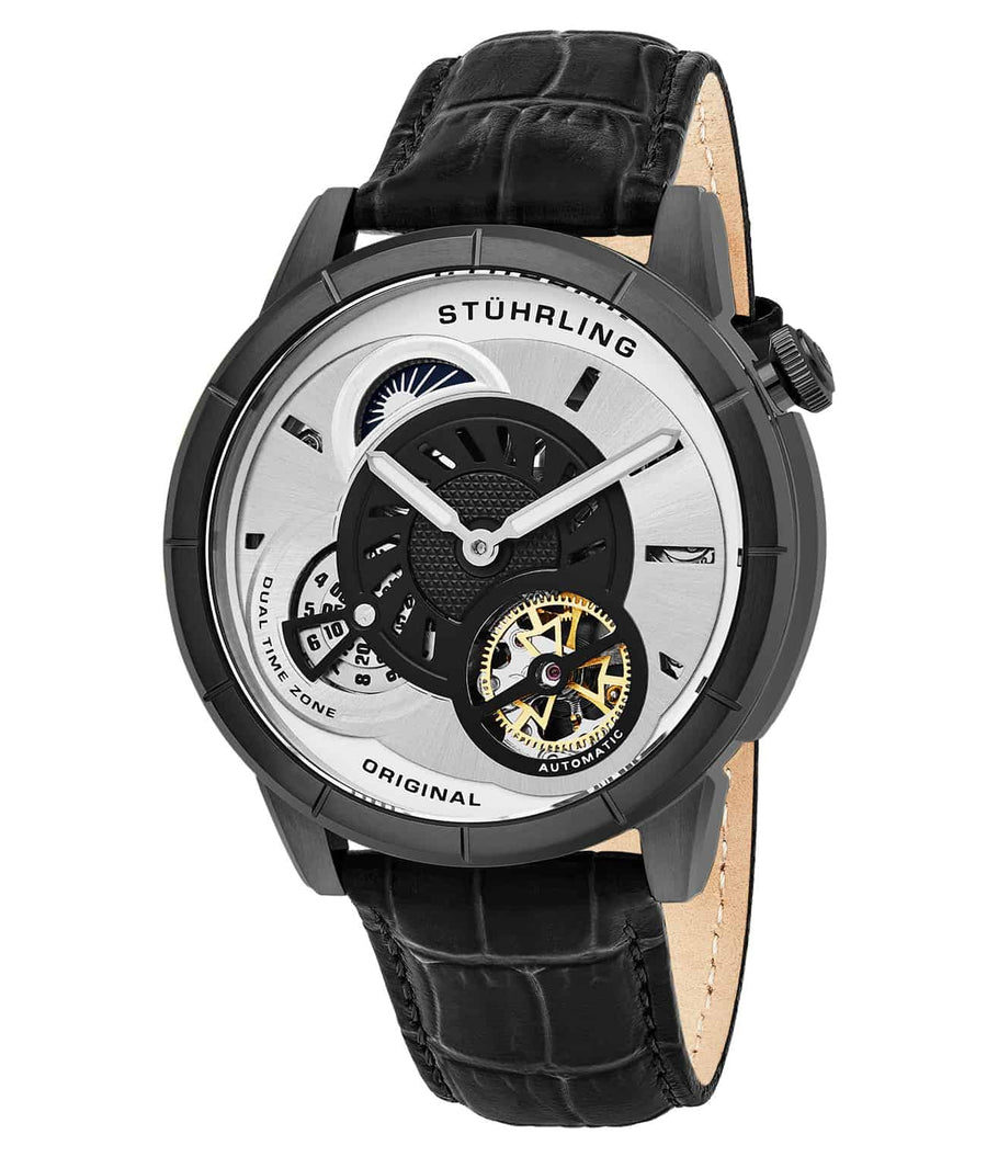 Stührling Tesla 686 Automatic 45mm Skeleton - Black Dial / Gun Metal Grey Case / Black Leather Strap Tang Buckle