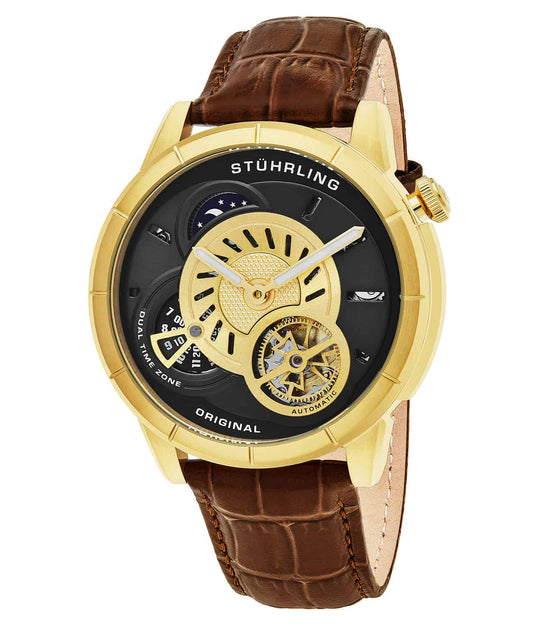 Stührling Tesla 686 Automatic 45mm Skeleton - Gold Dial / Gold Case / Brown Leather Strap Tang Buckle