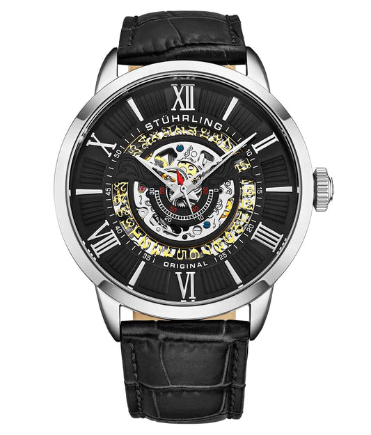 Delphi 696 Automatic 44mm Skeleton - Black Dial / Silver Case / Black Leather Strap Tang Buckle