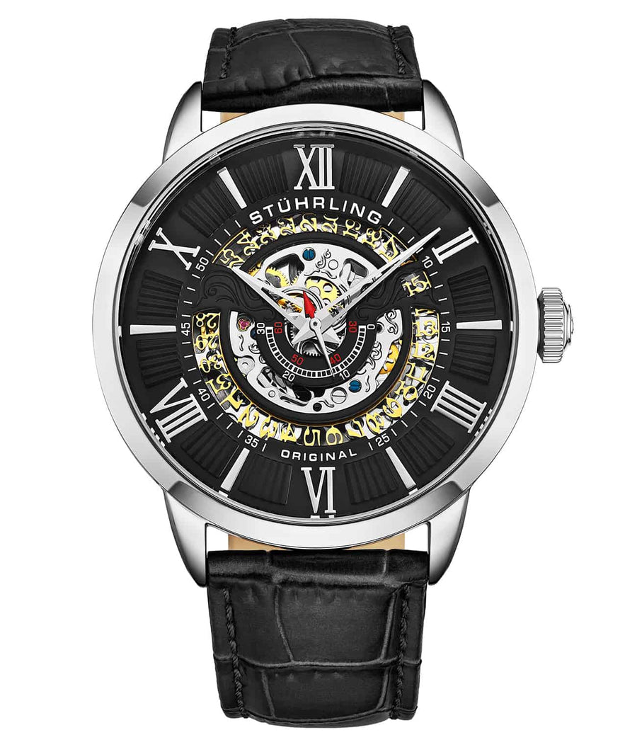 Delphi 696 Automatic 44mm Skeleton - Black Dial / Silver Case / Black Leather Strap Tang Buckle