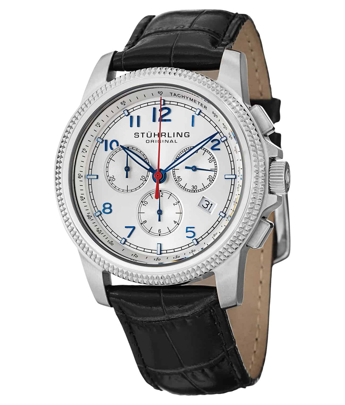 Stührling Targa Courant 717 Quartz 43mm Chronograph - Silver Dial / Silver Case / Black Leather Strap Tang Buckle