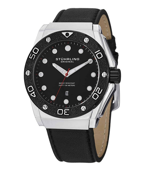 Apocalypse Storm 723 Quartz 44mm Diver - Black Dial / Silver Case / Black Leather Strap Tang Buckle