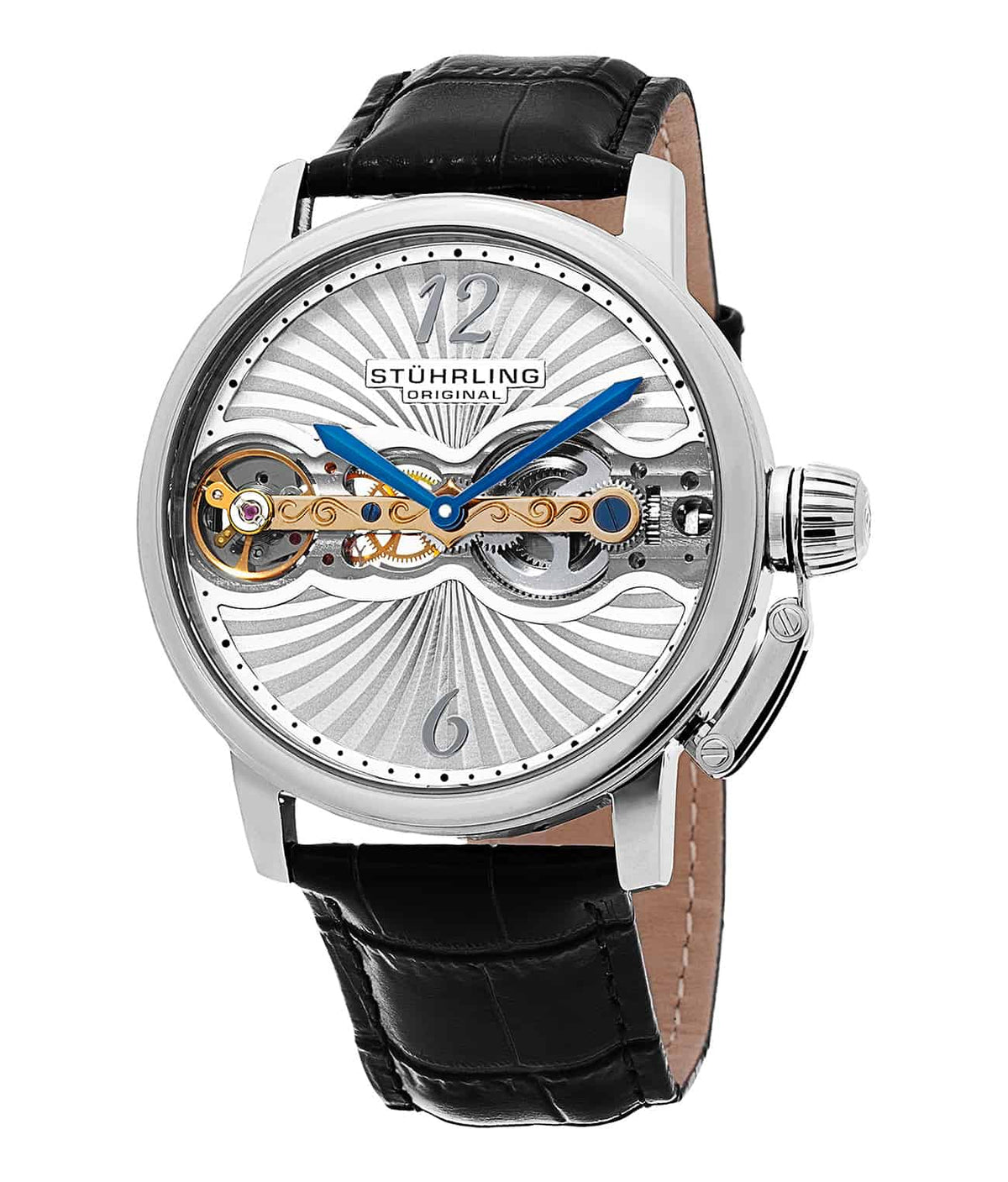 Doppler 729 Hand-wind 46mm Skeleton - Silver Dial / Silver Case / Black Calf Skin Leather Strap Tang Buckle
