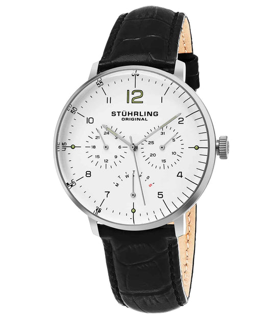 Stührling Vitesse Larvotto 733 Quartz 42mm Chronograph - Silver Dial / Silver Case / Black Leather Strap Tang Buckle