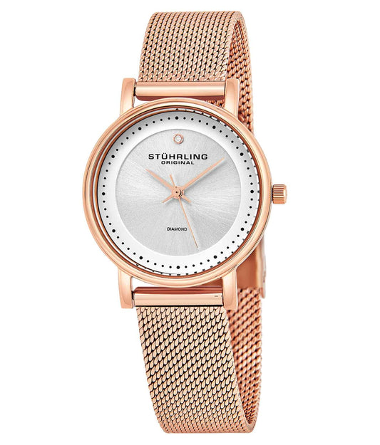 Stührling Lady Casatorra Elite 734LM Quartz 29mm Fashion - Silver Dial / Rose Case / Rose Stainless Steel Bracelet Foldover Buckle