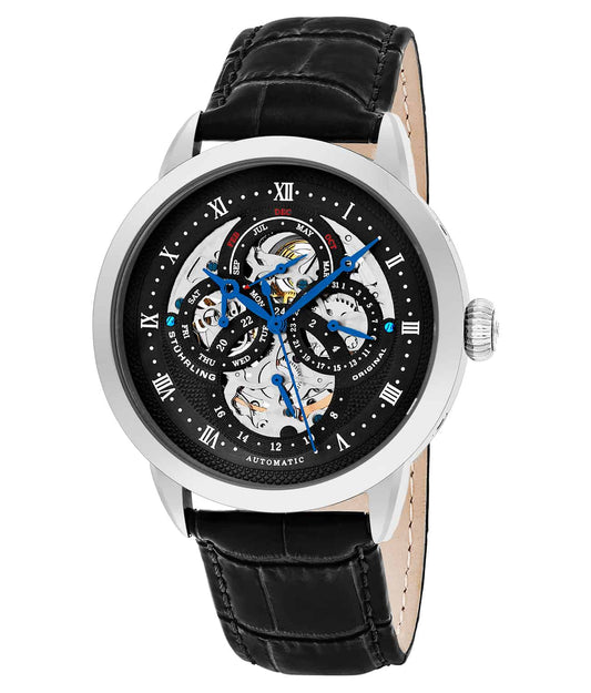 Delphi Odyssey 735A Automatic 44mm Skeleton - Black Dial / Silver Case / Black Leather Strap Tang Buckle