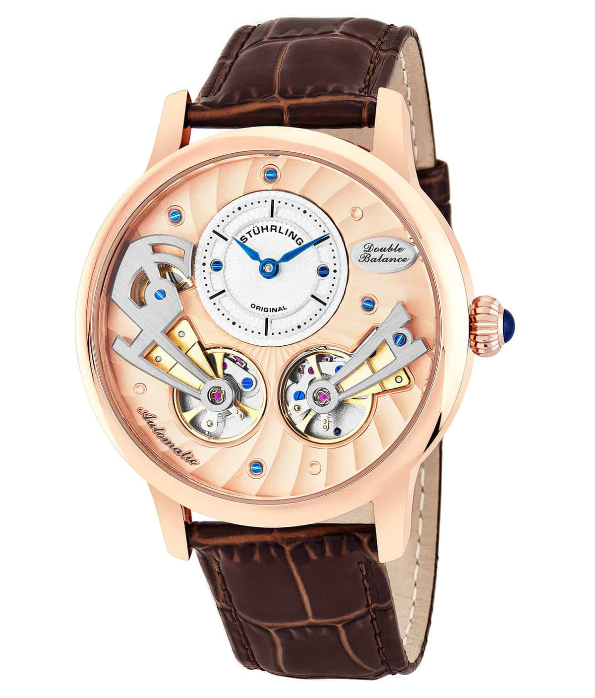 Stührling Sagittarian 740 Automatic 45mm Skeleton - Rose Dial / Rose Case / Brown Leather Strap Tang Buckle