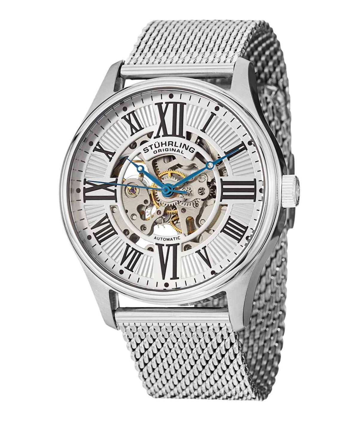 Stührling Atrium Elite 747M Automatic 42mm Skeleton - Silver Dial / Silver Case / Silver Stainless Steel Bracelet Foldover Buckle