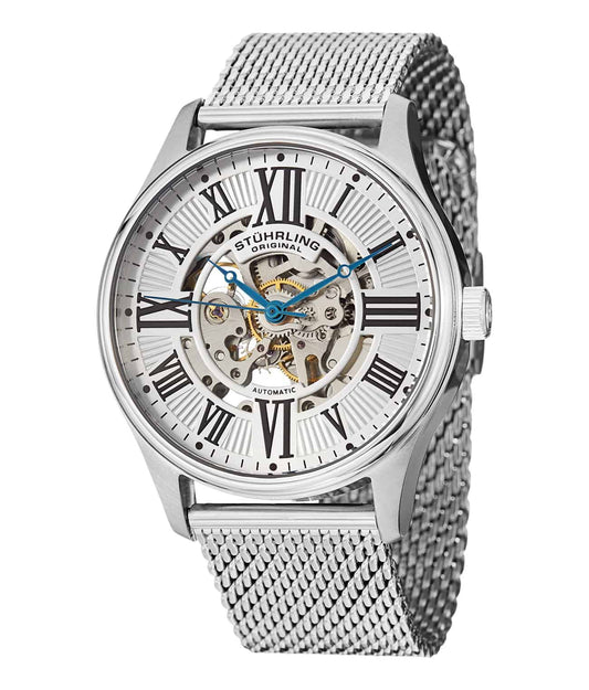 Stührling Atrium Elite 747M Automatic 42mm Skeleton - Silver Dial / Silver Case / Silver Stainless Steel Bracelet Foldover Buckle