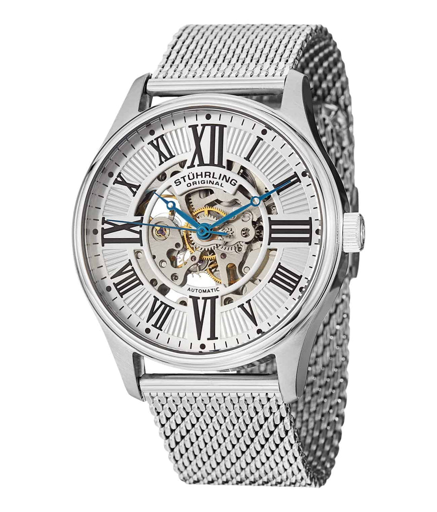 Stührling Atrium Elite 747M Automatic 42mm Skeleton - Silver Dial / Silver Case / Silver Stainless Steel Bracelet Foldover Buckle