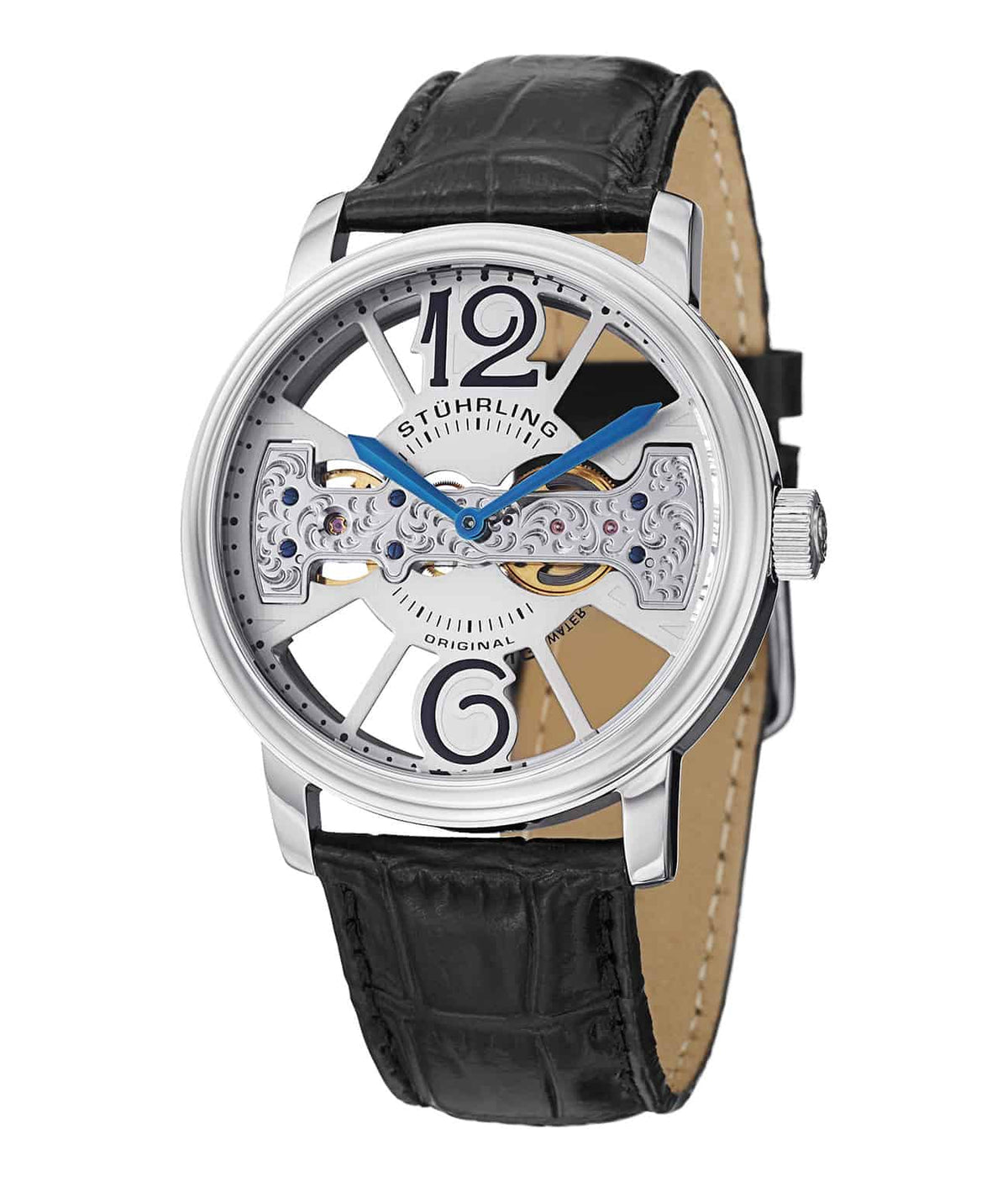 Stührling Winchester County 785 Hand-wind 46mm Skeleton - Silver Dial / Silver Case / Black Leather Strap Tang Buckle