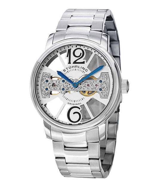 Stührling Winchester County Elite 785B Hand-wind 46mm Skeleton - Silver Dial / Silver Case / Silver Stainless Steel Bracelet Deployant Buckle