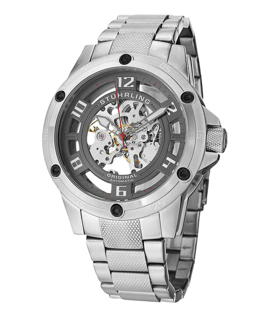 Stührling Zolara Engine Elite 795 Automatic 50mm Skeleton - Grey Dial / Silver Case / Silver Stainless Steel Bracelet Deployant Buckle