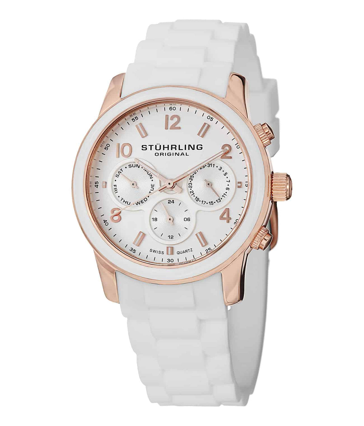 Eden 796 Quartz 38mm Chronograph - White Dial / Rose Case / White Silicone Strap Tang Buckle