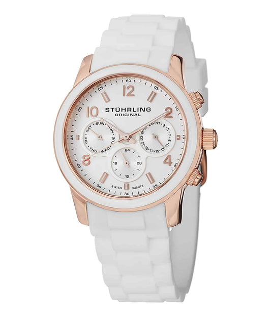Eden 796 Quartz 38mm Chronograph - White Dial / Rose Case / White Silicone Strap Tang Buckle