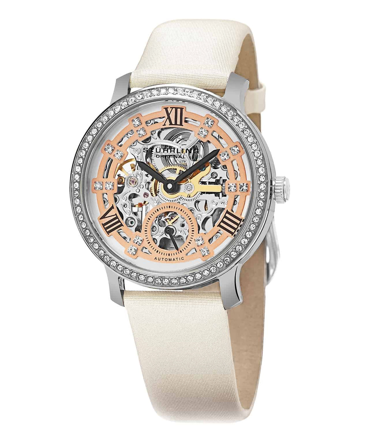 802 Automatic 36mm Skeleton - Rose Dial / Silver Case / Ivory Leather Strap Tang Buckle