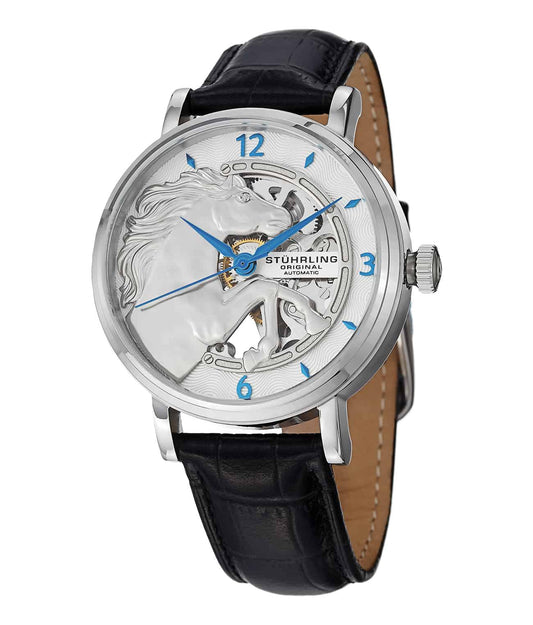 Sir Barton 804 Automatic 42mm Skeleton - Silver Dial / Silver Case / Black Leather Strap Tang Buckle