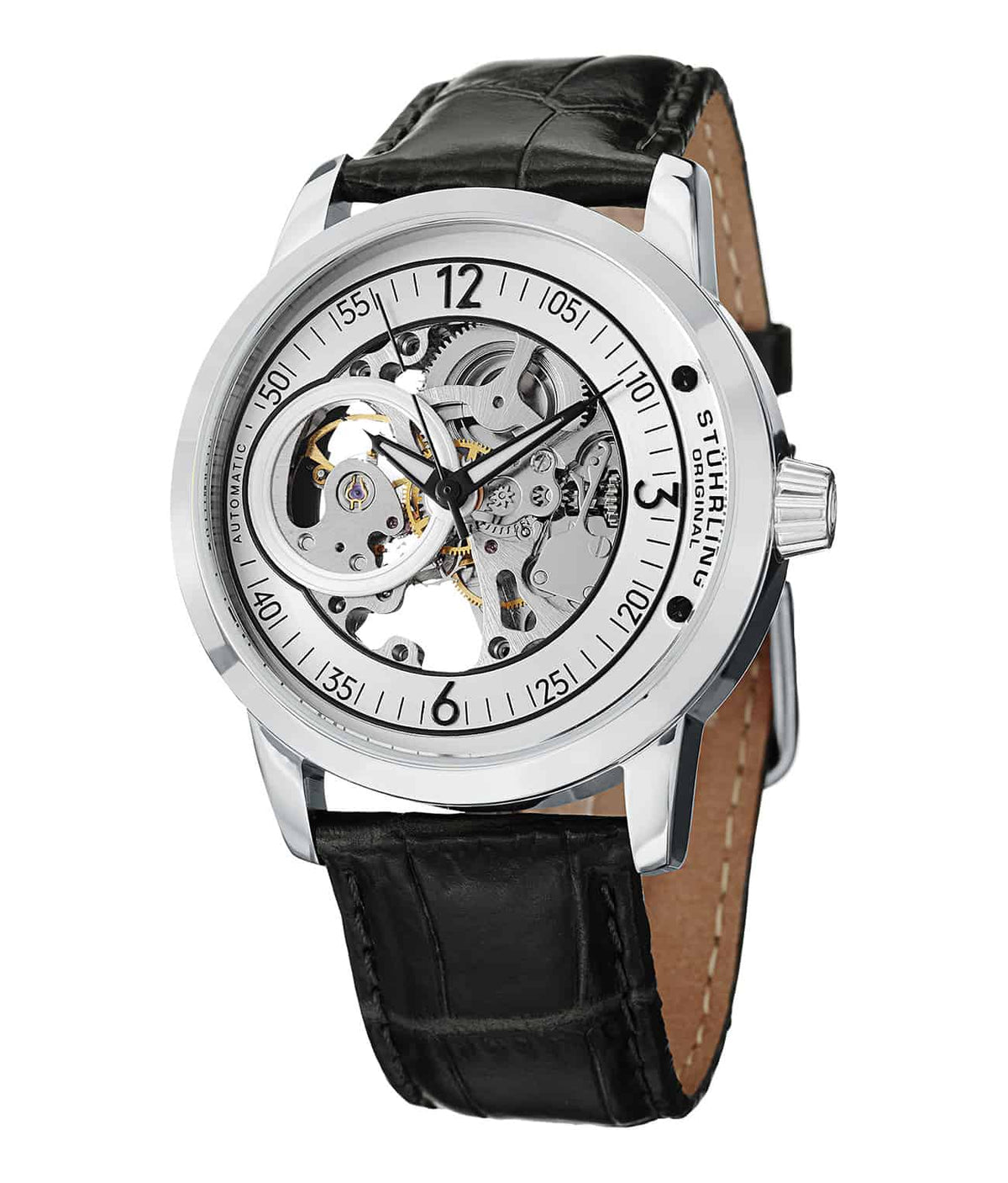 Delphi Saros 837 Automatic 42mm Skeleton - Silver Dial / Silver Case / Black Leather Strap Tang Buckle