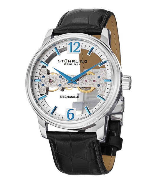 Cardinal 841 Hand-wind 46mm Skeleton - White Dial / Silver Case / Black Leather Strap Deployant Buckle