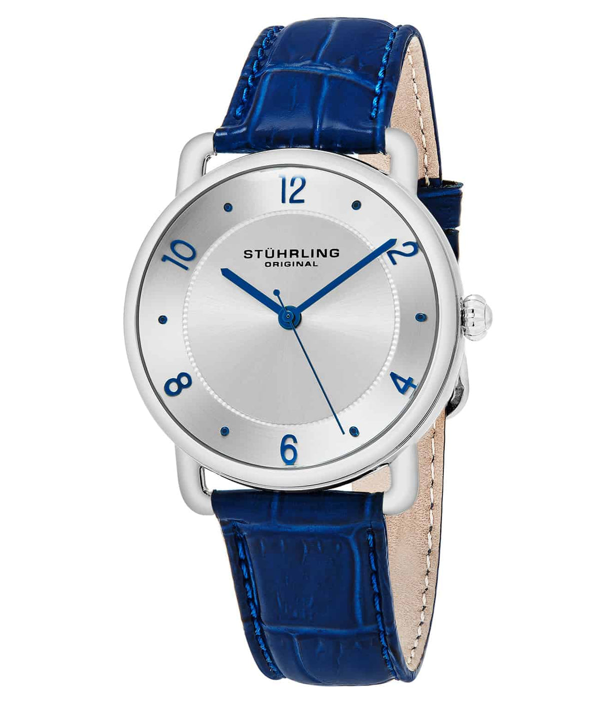 Stührling Aria 844 Quartz 39mm Classic - Silver Dial / Silver Case / Blue Leather Strap Tang Buckle