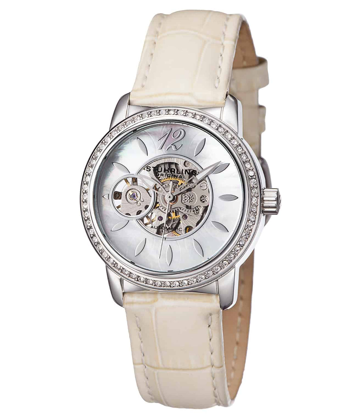 Delphi 856 Automatic 34mm Skeleton - Silver Dial / Silver Case / Champagne Leather Strap Tang Buckle