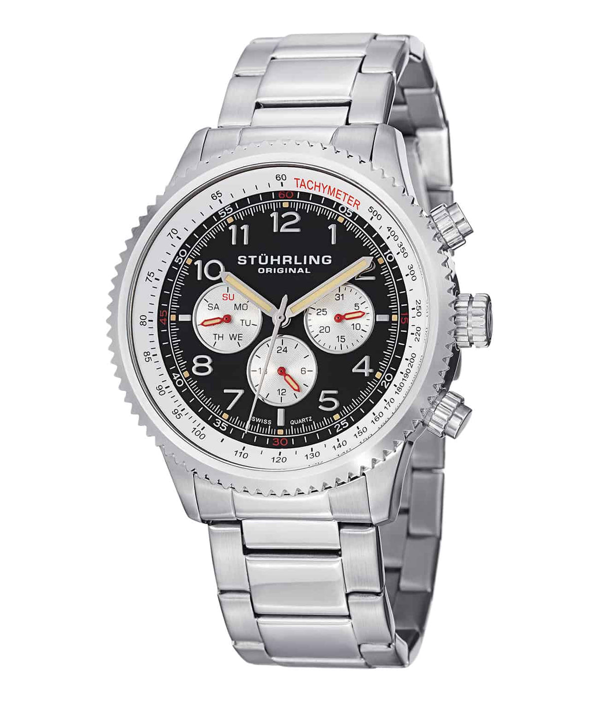 Concorso Silhouette Pro 858B GMT Quartz 44mm Chronograph - Black Dial / Silver Case / Silver Stainless Steel Bracelet Deployant Buckle