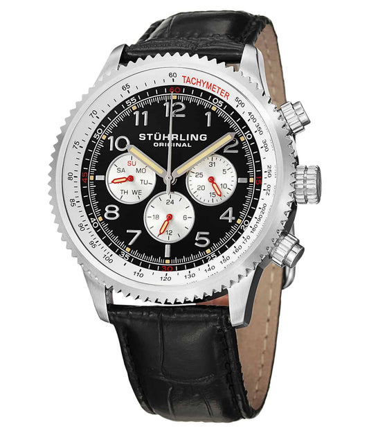 Concorso Silhouette 858L GMT Quartz 45mm Chronograph - Black Dial / Silver Case / Black Leather Strap Tang Buckle