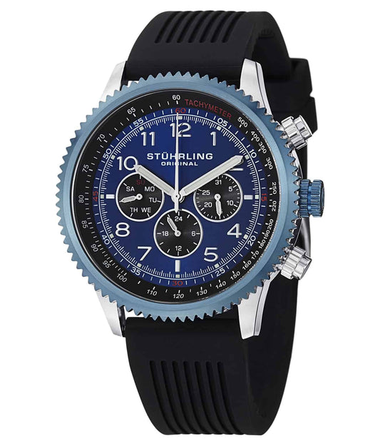 Concorso Silhouette Sport 858R GMT Quartz 45mm Chronograph - Blue Dial / Silver Case / Black Silicone Strap Tang Buckle