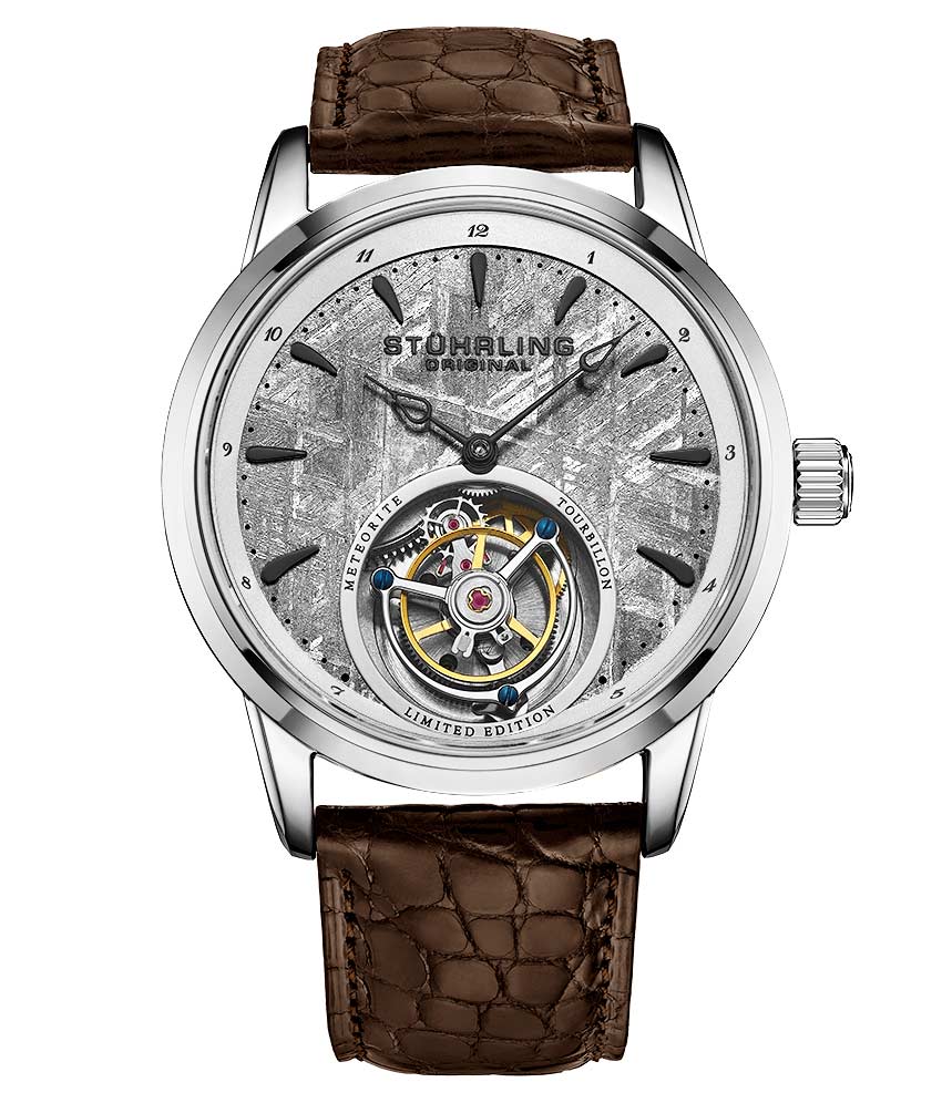Stührling Galactic Labyrinth 42mm Tourbillon - Grey Dial / Silver Case / Brown Alligator Strap Deployant Buckle