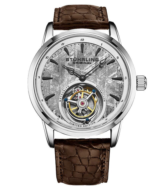 Stührling Galactic Labyrinth 42mm Tourbillon - Grey Dial / Silver Case / Brown Alligator Strap Deployant Buckle