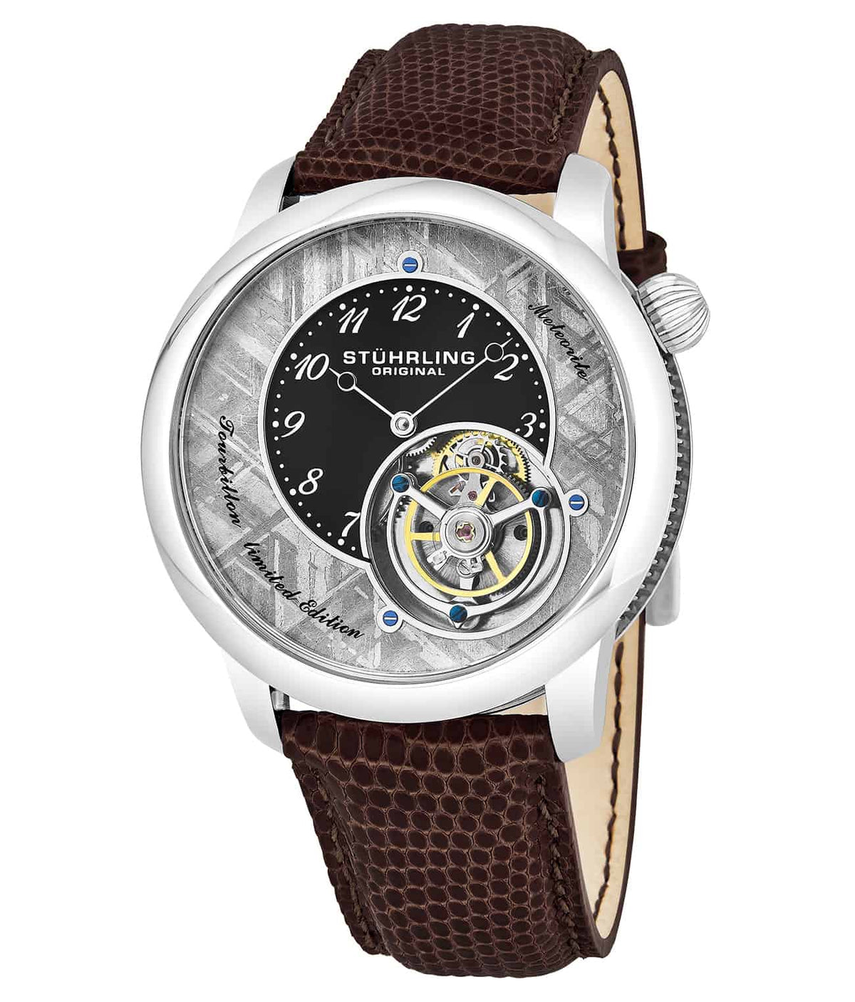 Stührling Astro Aria 43mm Tourbillon - Grey Dial / Silver Case / Brown Strap Tang Buckle