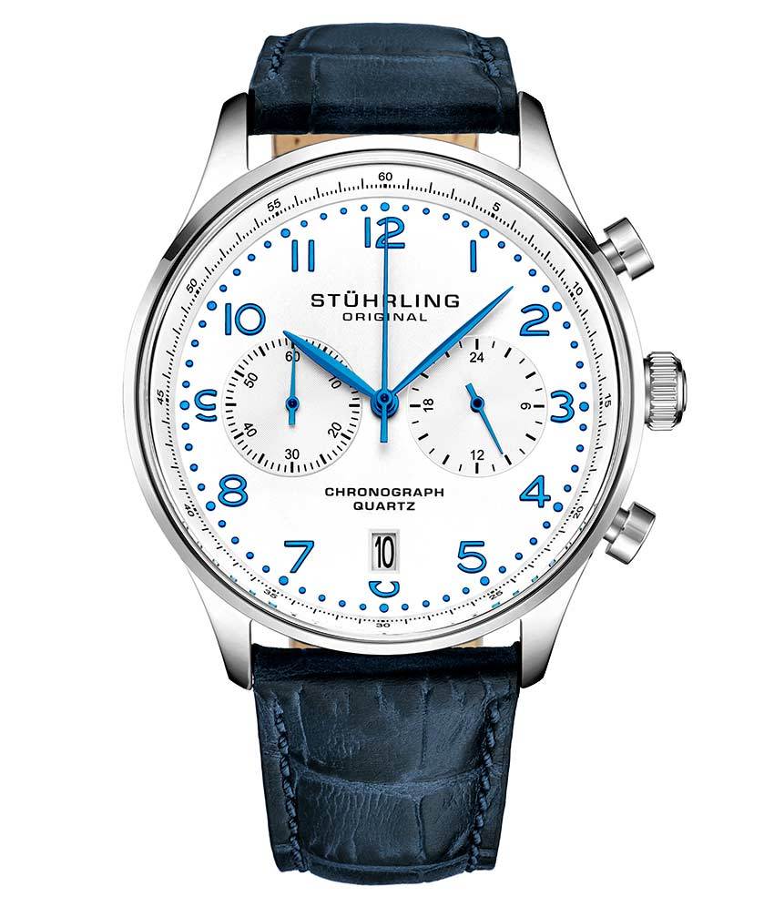 Stührling GR1-Q 896 Quartz 42mm Chronograph - White Dial / Silver Case / Blue Leather Strap Silver Tang Buckle