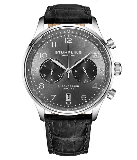 Stührling GR1-Q 896 Quartz 42mm Chronograph - Gunmetal Grey Dial / Silver Case / Black Leather Strap Silver Tang Buckle